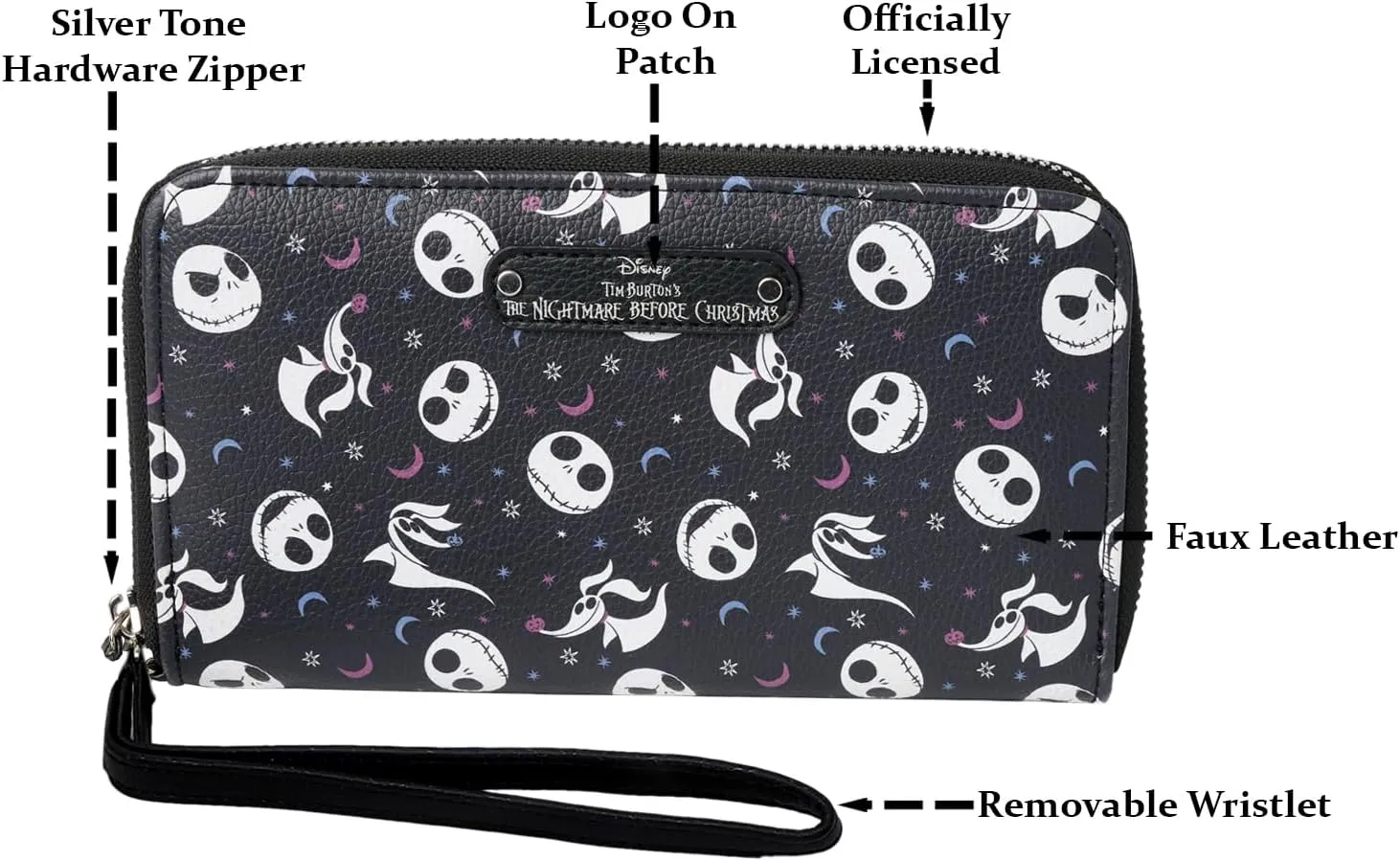 Disney Wallet Wristlet Zip Clutch Faux Leather (Jack Skellington Black)