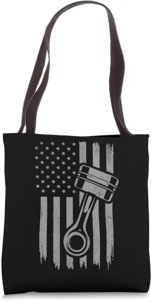 Distressed USA Flag Piston Muscle Car For Auto Mechanics Men Tote Bag