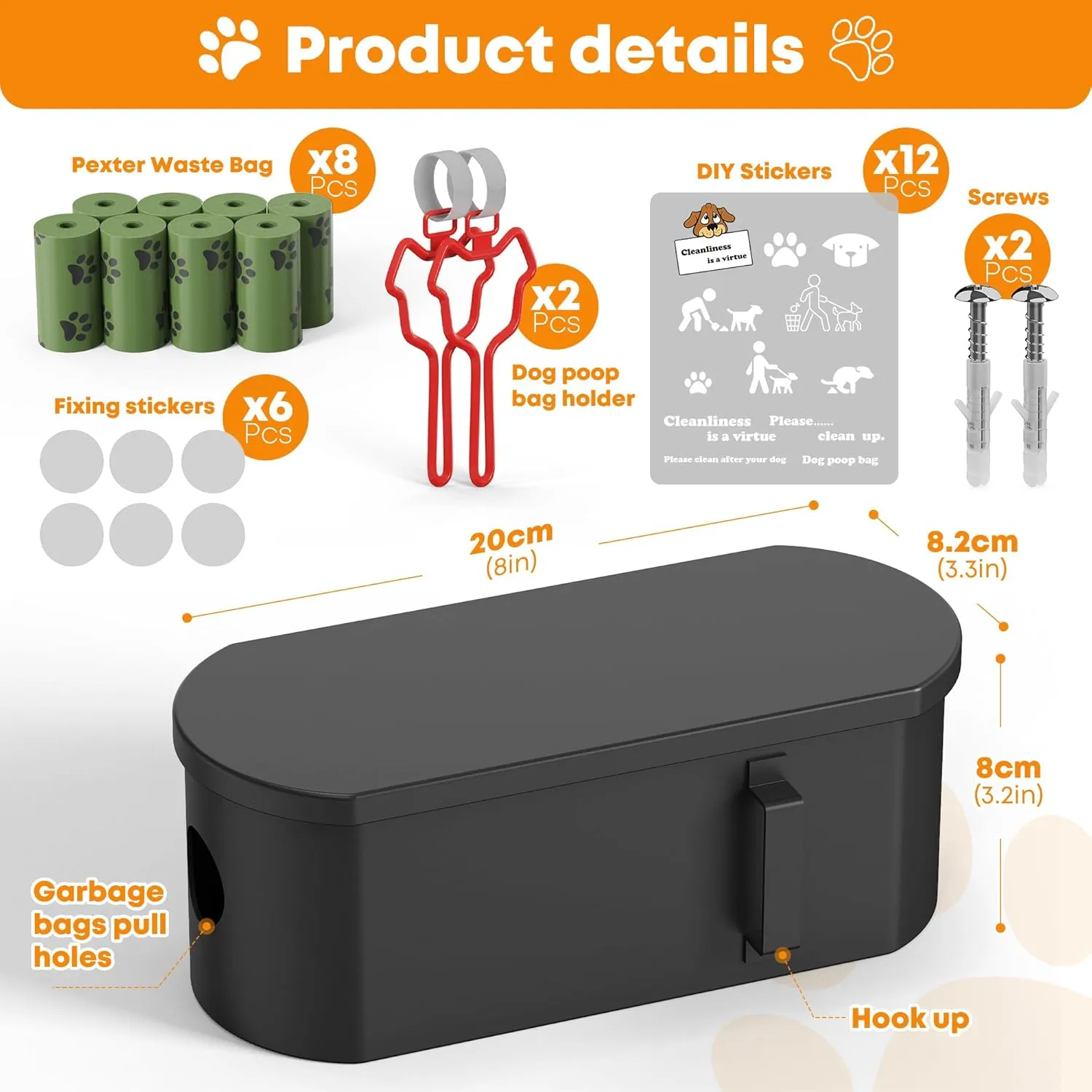 Dog Poop Bag Dispenser Wall Mount with 2Pcs Holders and 8 Rolls of Waste Bag,Magnetic Door Closure,Metal, Corrosion-resistant,High capacity,Dark Gray,Suitable for Outdoor, Indoor, Raising Puppies