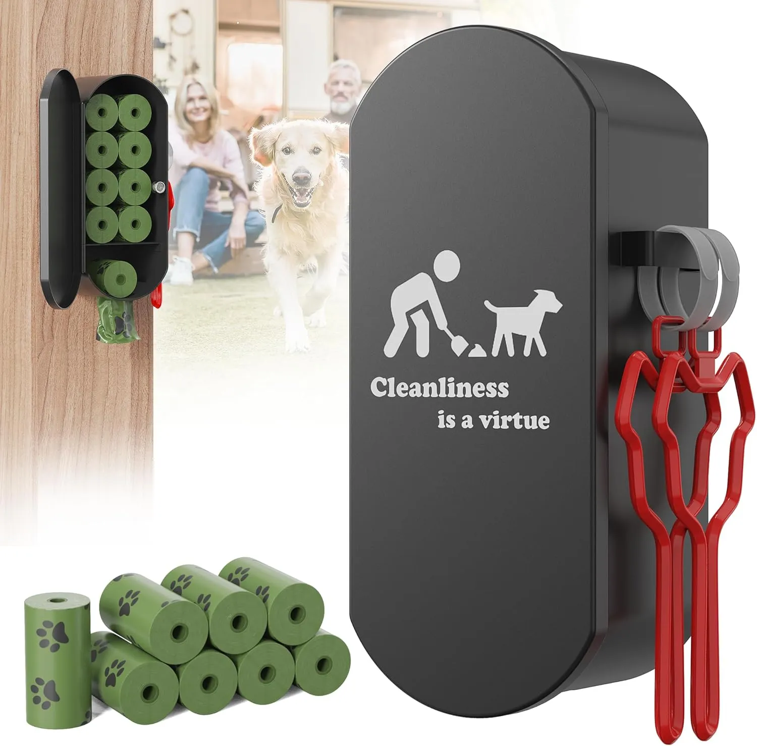 Dog Poop Bag Dispenser Wall Mount with 2Pcs Holders and 8 Rolls of Waste Bag,Magnetic Door Closure,Metal, Corrosion-resistant,High capacity,Dark Gray,Suitable for Outdoor, Indoor, Raising Puppies