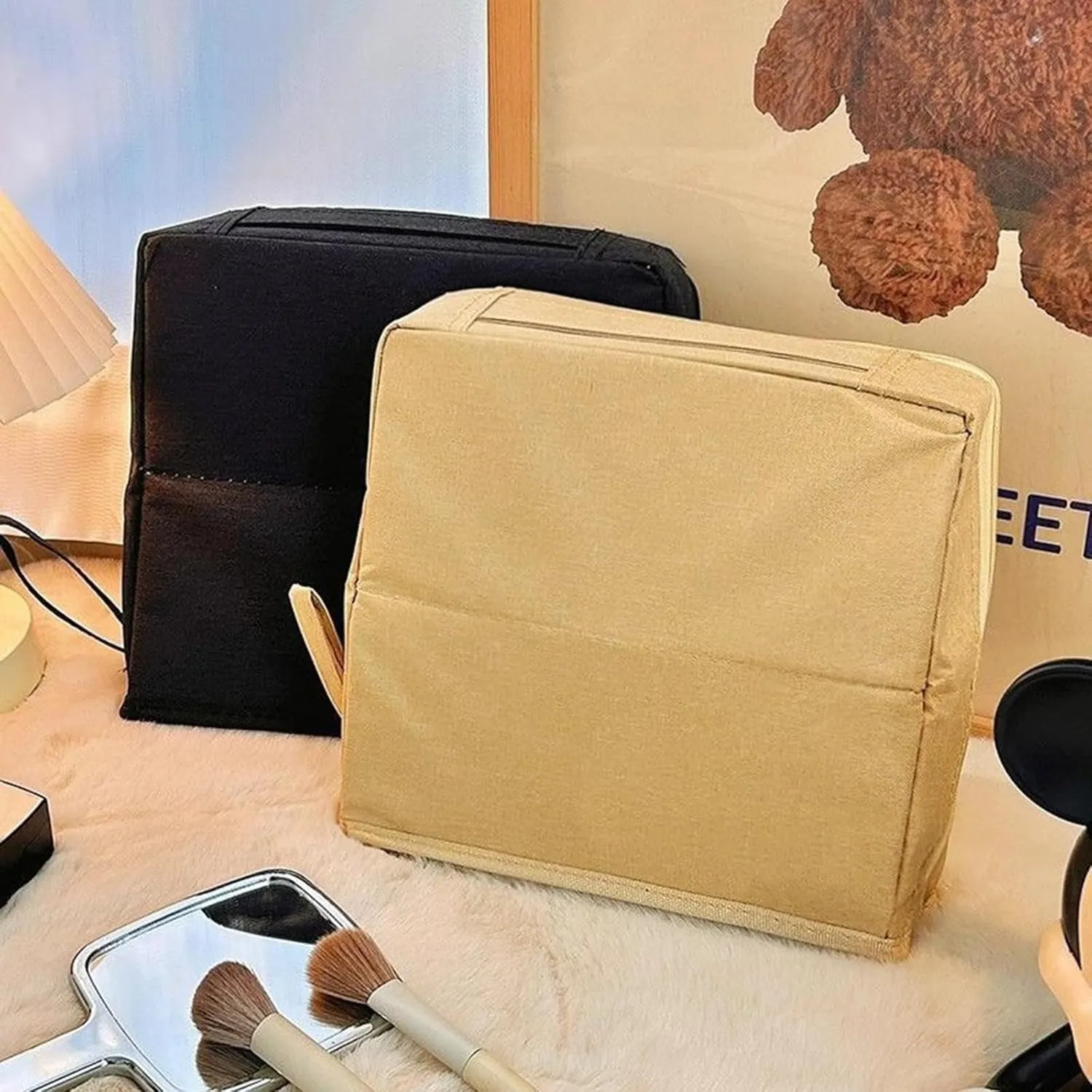 Doresty Makeup Bag, Standing Makeup Bag, Large Capacity Oxford Cloth Capacity, Waterproof Vertical Office Desktop Storage Bags with Compartments