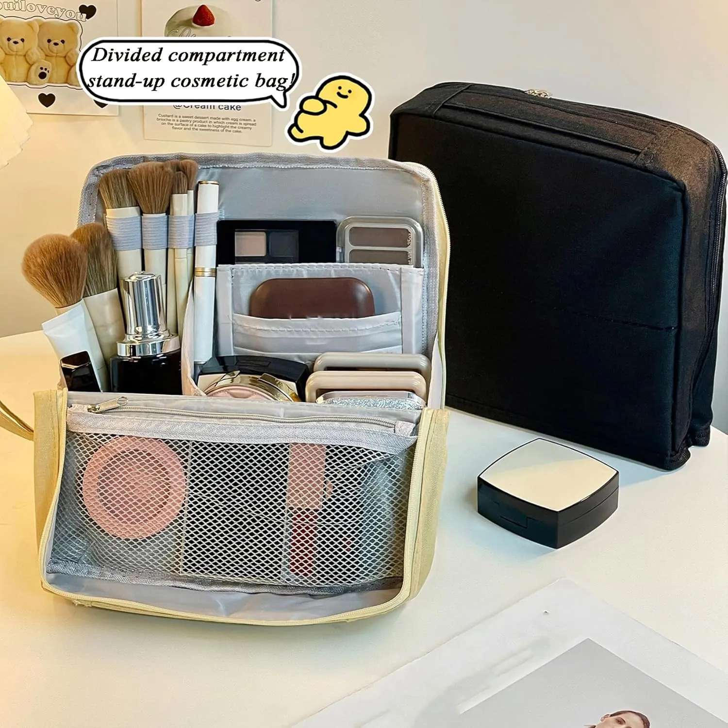 Doresty Makeup Bag, Standing Makeup Bag, Large Capacity Oxford Cloth Capacity, Waterproof Vertical Office Desktop Storage Bags with Compartments