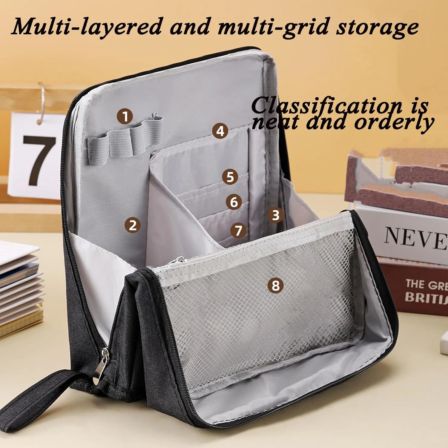 Doresty Makeup Bag, Standing Makeup Bag, Large Capacity Oxford Cloth Capacity, Waterproof Vertical Office Desktop Storage Bags with Compartments