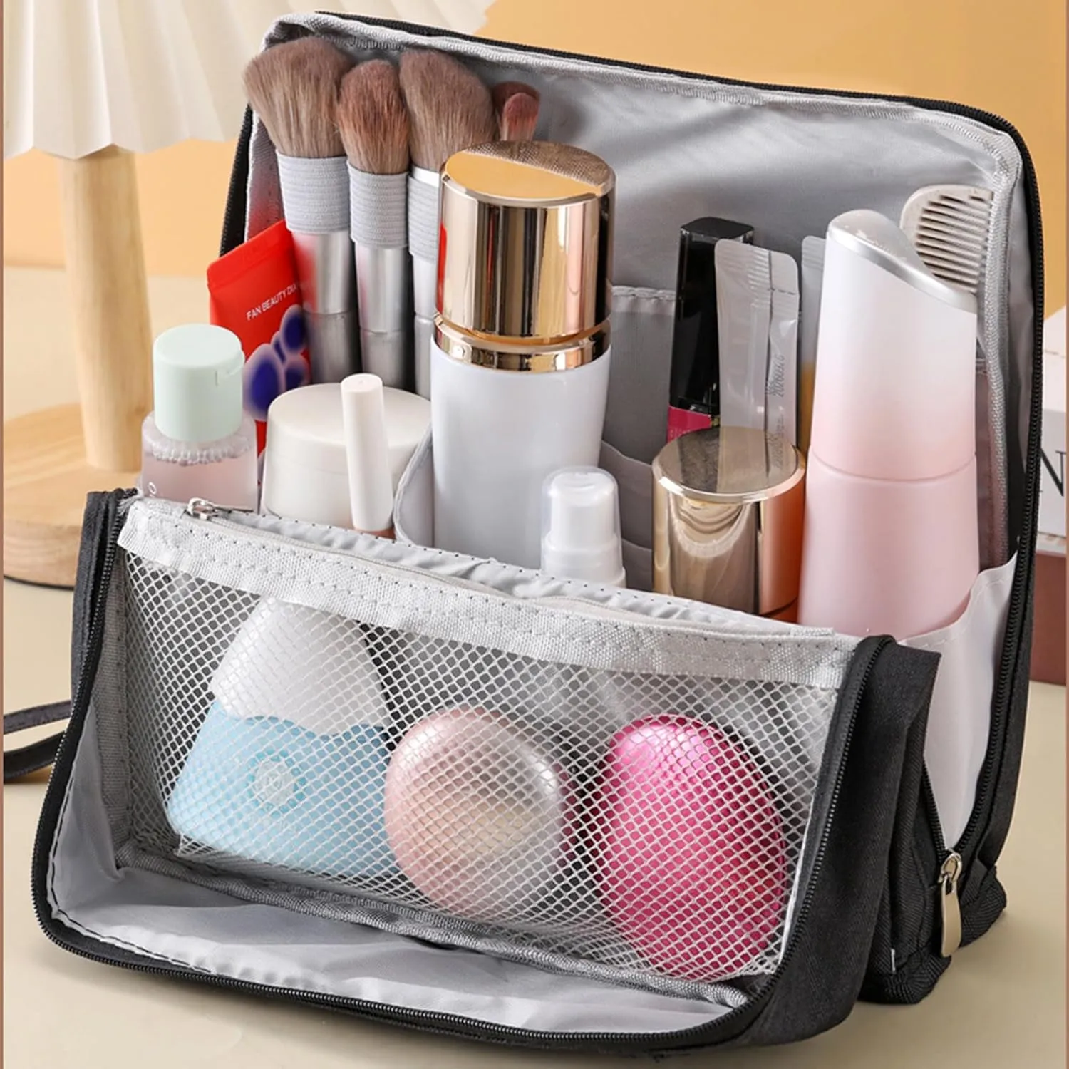 Doresty Makeup Bag, Standing Makeup Bag, Large Capacity Oxford Cloth Capacity, Waterproof Vertical Office Desktop Storage Bags with Compartments