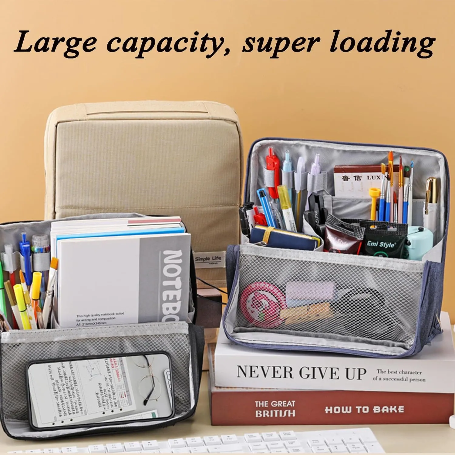 Doresty Makeup Bag, Standing Makeup Bag, Large Capacity Oxford Cloth Capacity, Waterproof Vertical Office Desktop Storage Bags with Compartments