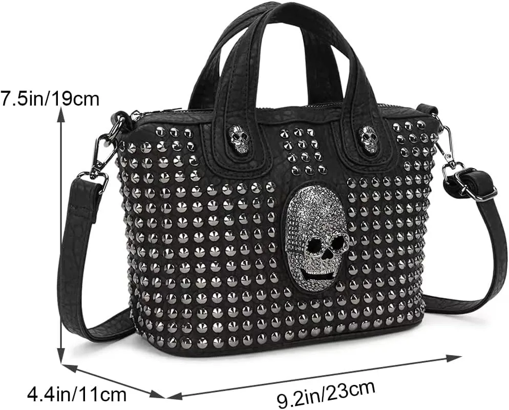 Downupdown Women Handbag Satchel Bag Rivet Skull Purse PU Leather Top Handle Bag Shoulder Crossbody Bag Punk Bag