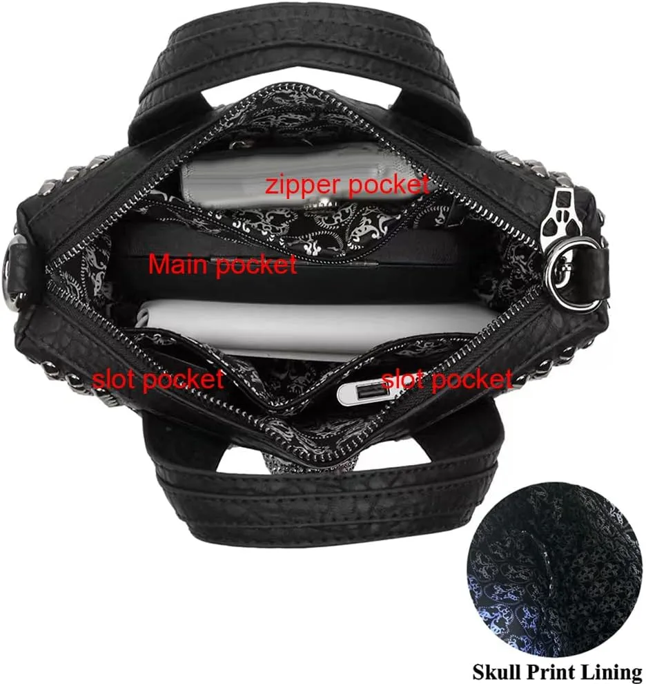 Downupdown Women Handbag Satchel Bag Rivet Skull Purse PU Leather Top Handle Bag Shoulder Crossbody Bag Punk Bag