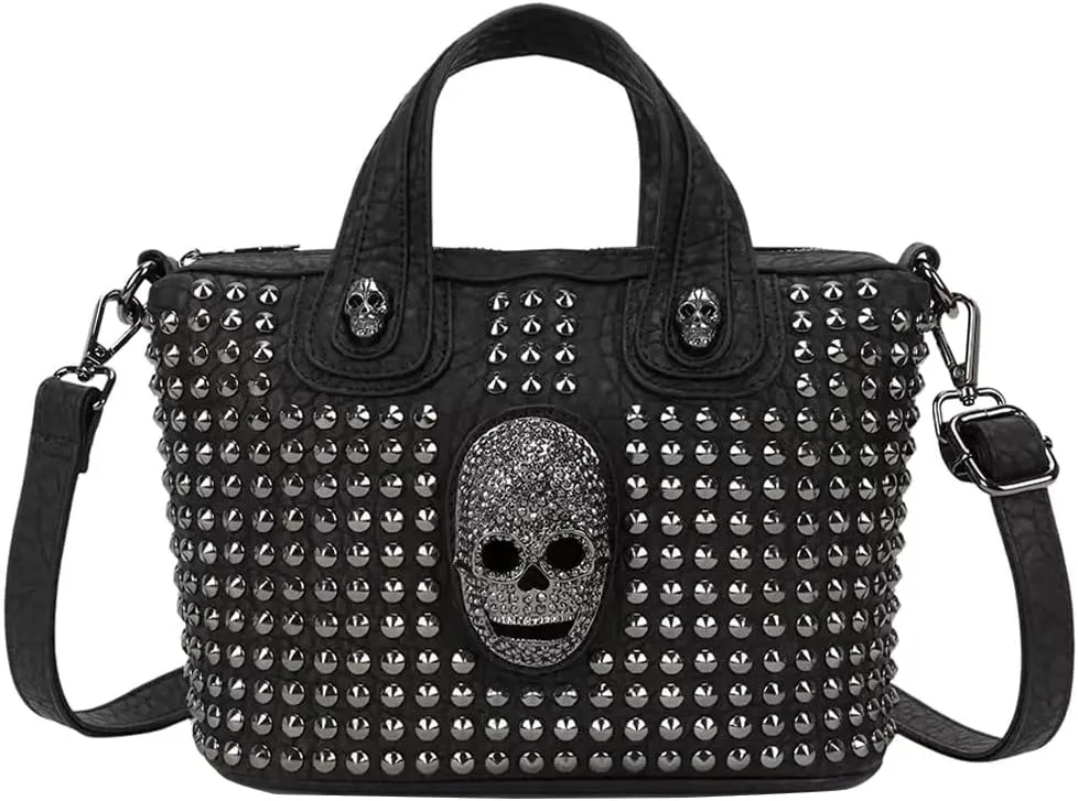 Downupdown Women Handbag Satchel Bag Rivet Skull Purse PU Leather Top Handle Bag Shoulder Crossbody Bag Punk Bag