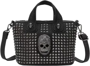 Downupdown Women Handbag Satchel Bag Rivet Skull Purse PU Leather Top Handle Bag Shoulder Crossbody Bag Punk Bag
