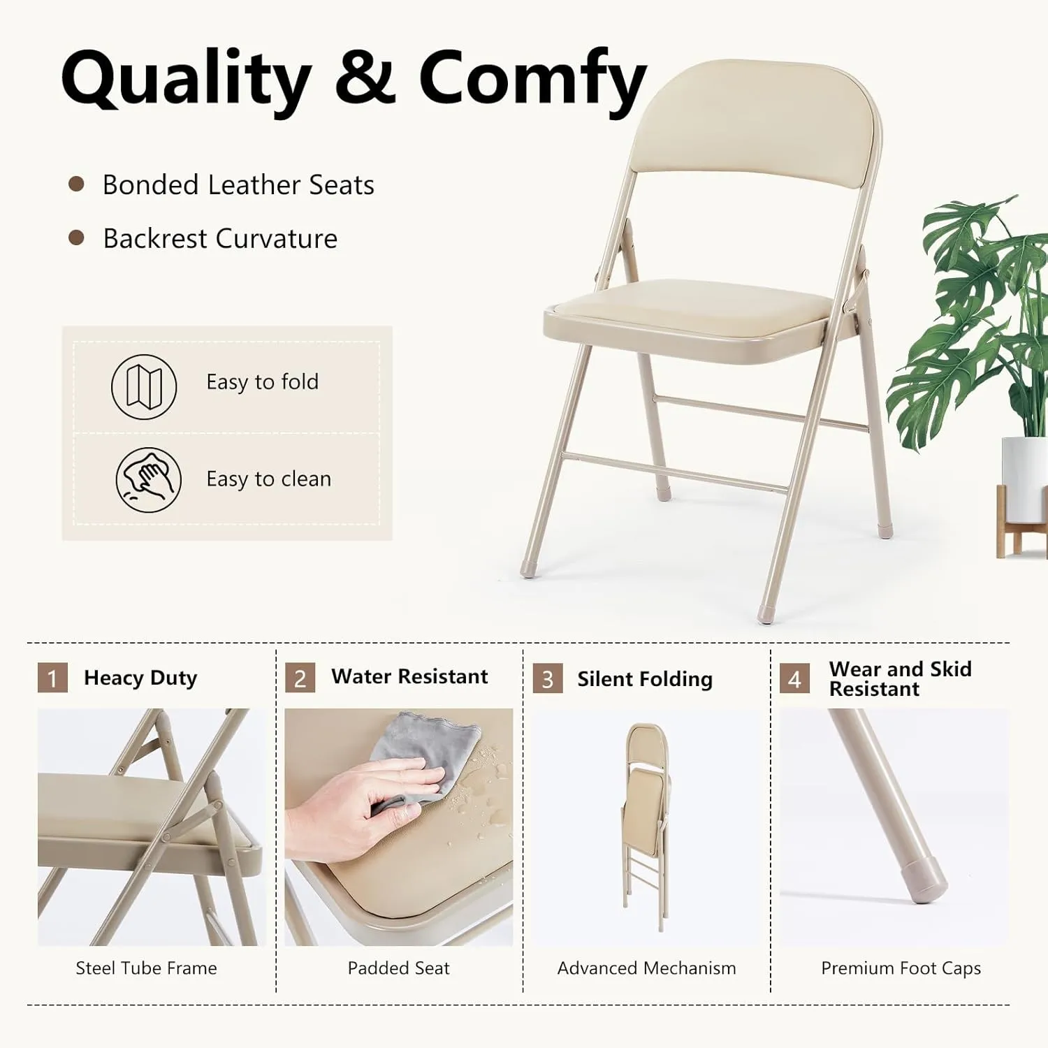 DUMOS 2 Pack Leather Padded Folding Chair, Indoor Outdoor Portable Stackable Commercial Seat with Steel Frame, Capacity for Home, Office, Party, Comfy, Kahki