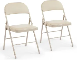 DUMOS 2 Pack Leather Padded Folding Chair, Indoor Outdoor Portable Stackable Commercial Seat with Steel Frame, Capacity for Home, Office, Party, Comfy, Kahki