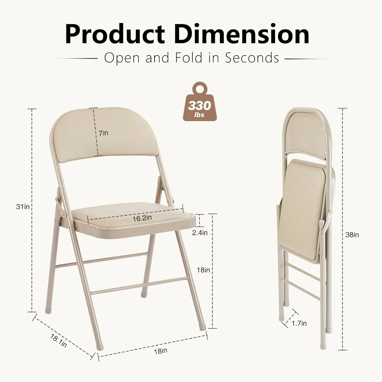 DUMOS 2 Pack Leather Padded Folding Chair, Indoor Outdoor Portable Stackable Commercial Seat with Steel Frame, Capacity for Home, Office, Party, Comfy, Kahki