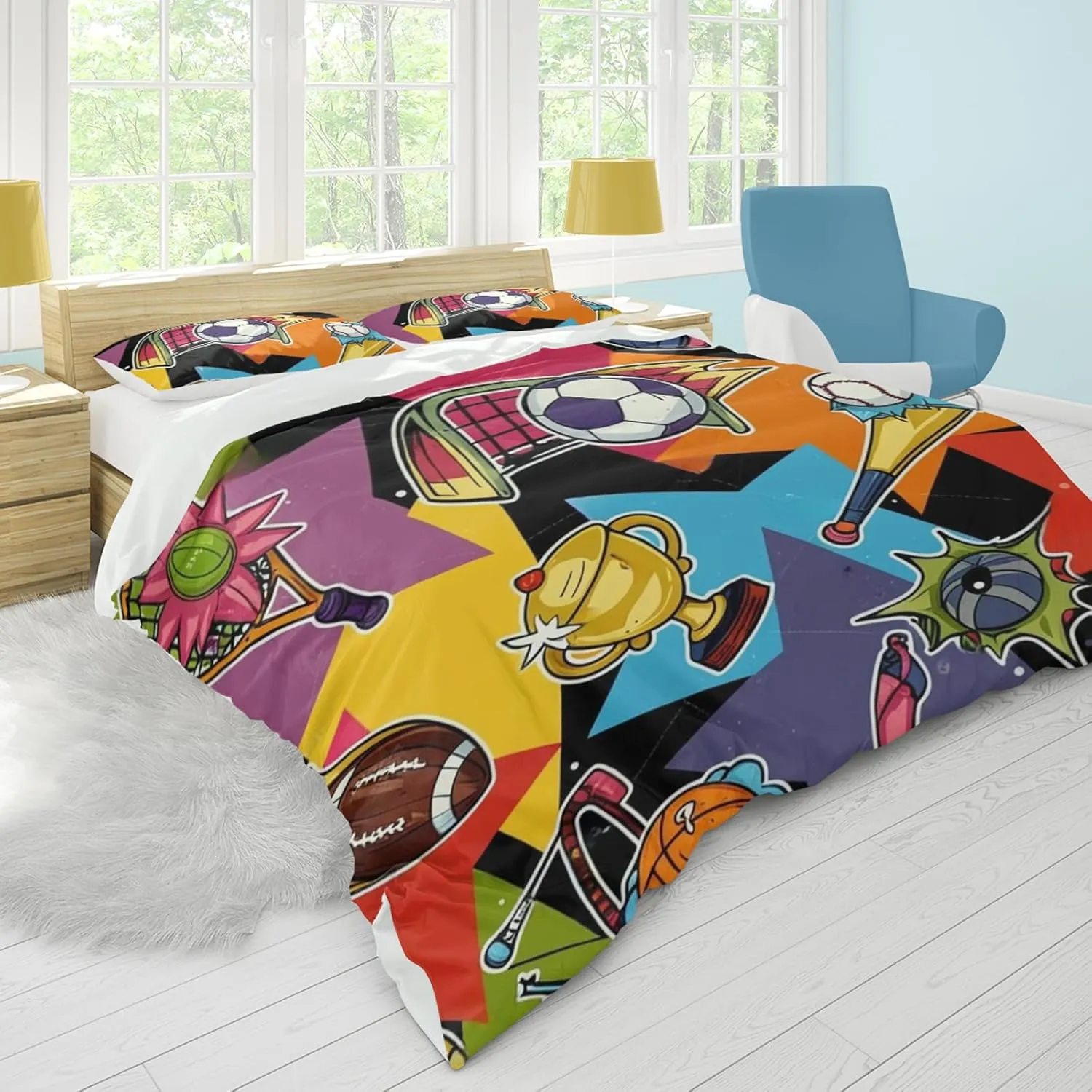 Duvet Cover Twin Size, Soccer Duvet Cover Set for boys Kids Teens, Football Comforter Cover Set with Zipper, 3 Piece Sports Soccer Pattern Soft Microfiber Bedding Set with 2 Pillowcases (B, Twin)