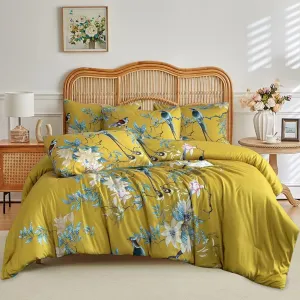 EAVD Vintage Style Floral Comforter Set Twin XL Fluffy Microfiber Garden Cute Birds Floral Print on Yellow Bedding Set Girls Floral Botanical Comforter Set 1 Twin XL Comforter and 2 Pillowcases