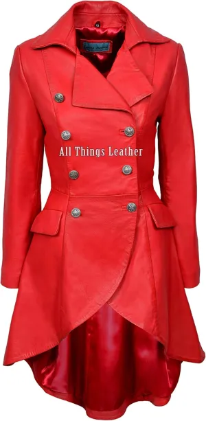 Edwardian Ladies Women Red Napa Washed Real Leather Plain Back Jacket Coat Gothic 3491-P