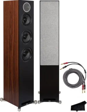 ELAC Debut Reference 5.25" Floorstanding Speakers, Black Baffle, Walnut Cabinet, Pair with SPW-15FT-P 15 Foot Pair of Sensible Speaker Wires and Signature Series Microfiber Cloth
