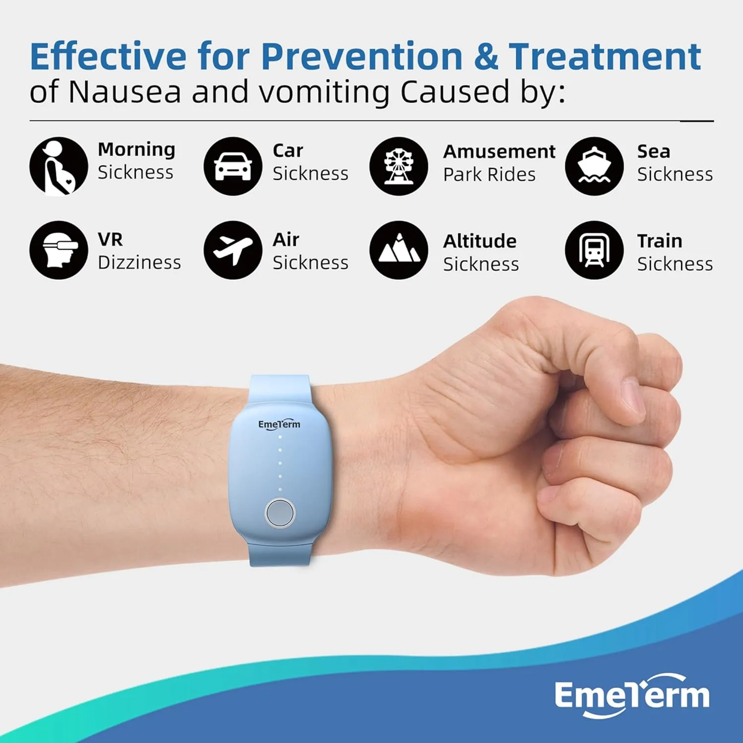 EmeTerm Fashion FDA-Cleared Relieve Nausea Electrode Stimulator Morning Sickness Motion Travel Sickness Vomit Relief Rechargeable No Gel Drug Free Wrist Bands Without Side Effects FSA/HSA Eligible