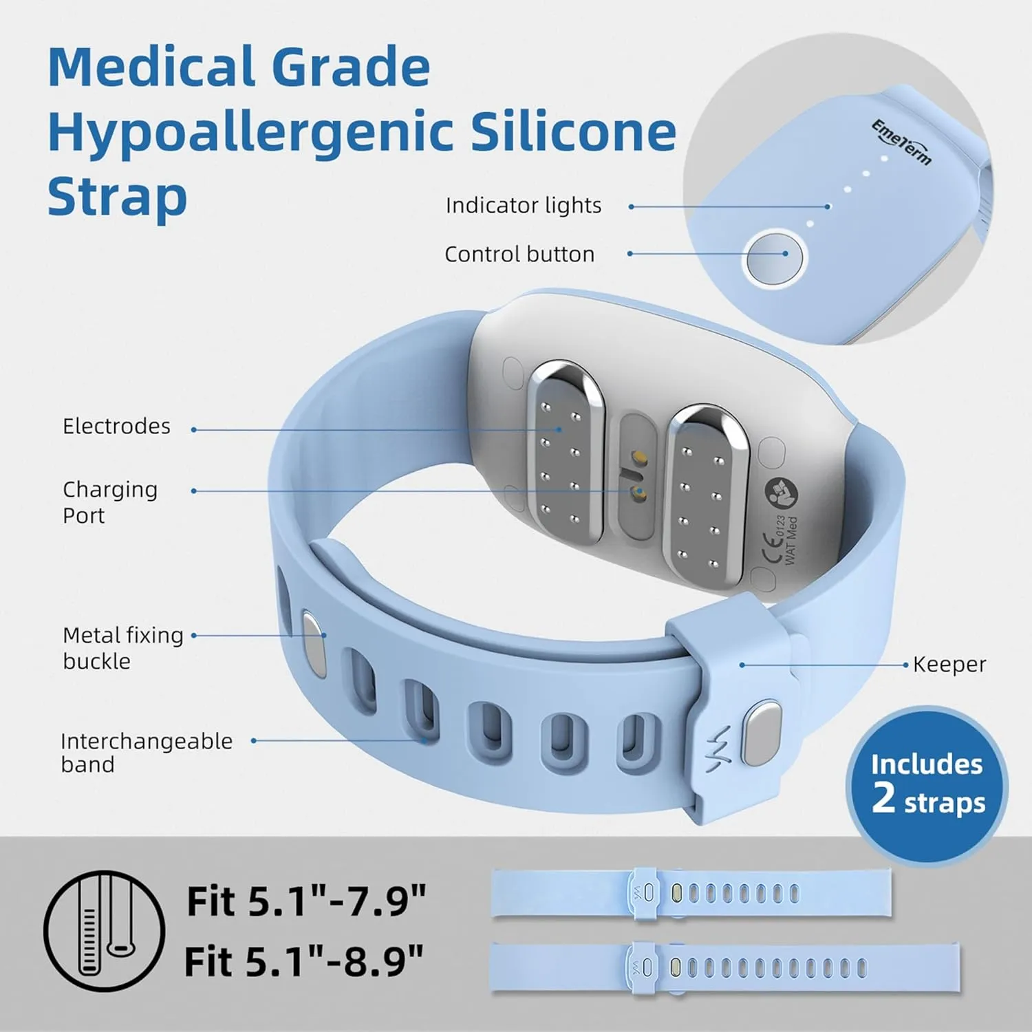 EmeTerm Fashion FDA-Cleared Relieve Nausea Electrode Stimulator Morning Sickness Motion Travel Sickness Vomit Relief Rechargeable No Gel Drug Free Wrist Bands Without Side Effects FSA/HSA Eligible