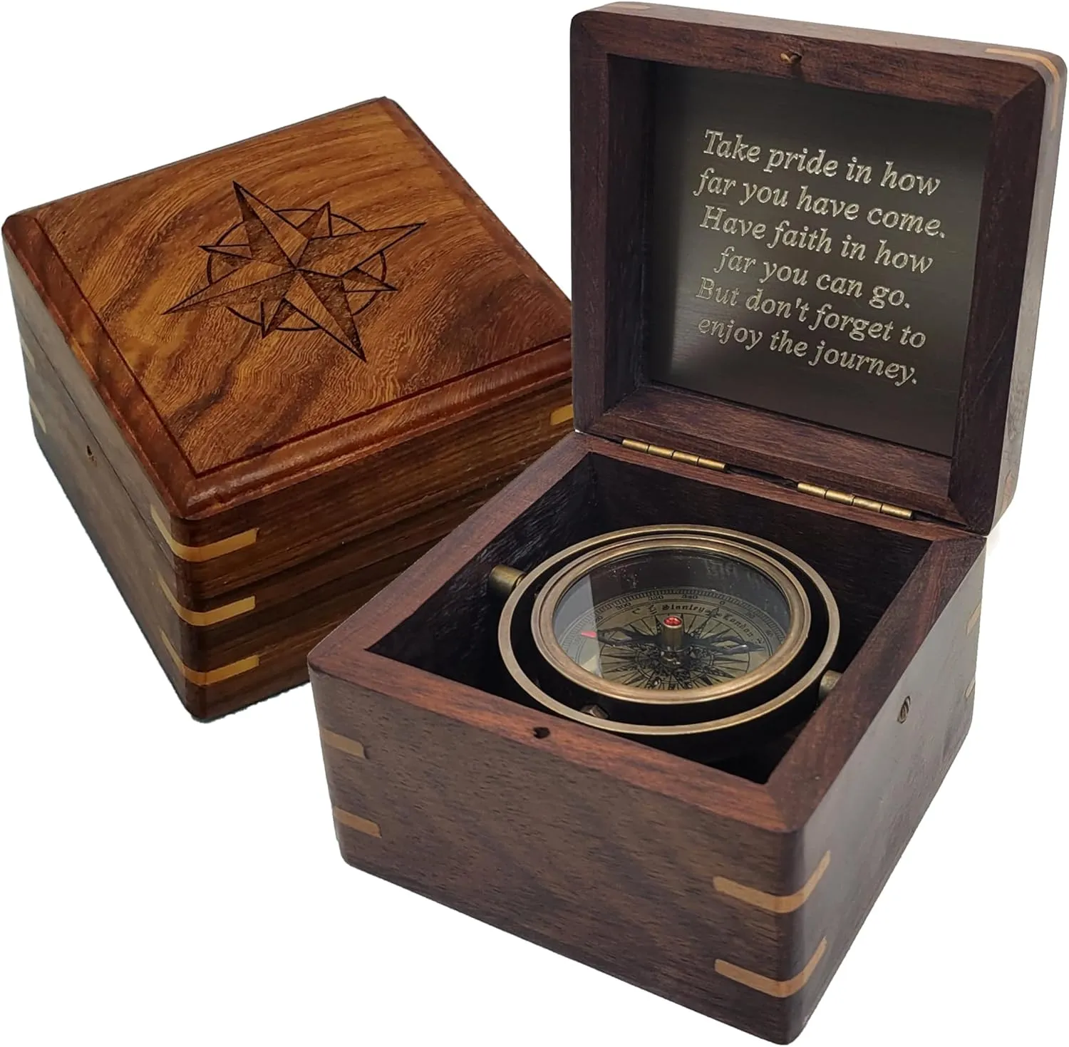 Engraved Compass Personalized in Wood Box | Antique Brass Desk Compass Gifts for Men, Him, Son, Grandson, Teen Boys for Graduation, Baptism, Confirmation, Leadership