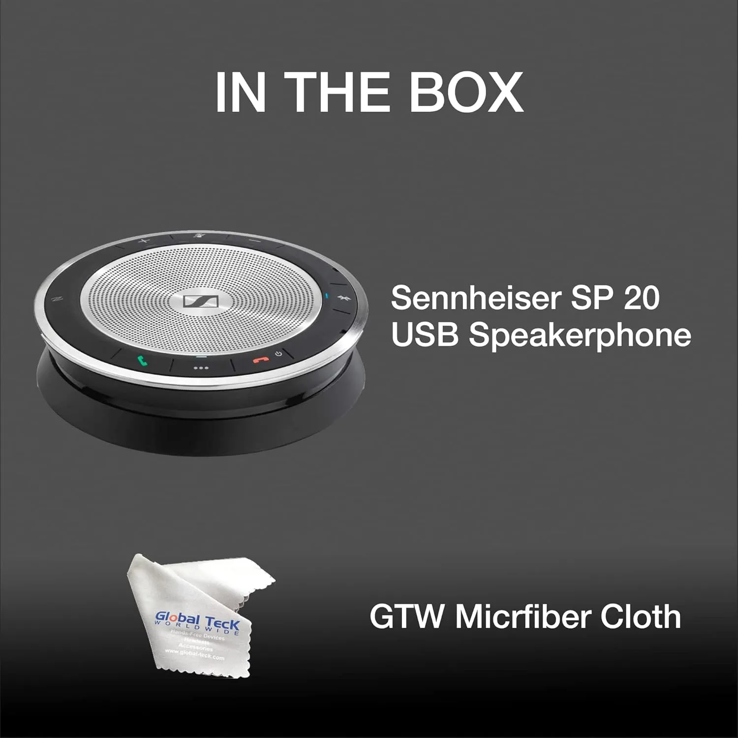 EPOS - SENNHEISER Expand 20 USB Wired Speakerphone - Global Teck Bundle with GTW Microfiber Cloth, Compatible with Teams, Zoom, Webex, Skype, Mobile, Tablets, PC/Mac