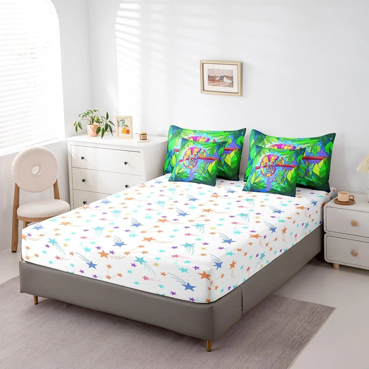 Erosebridal Abstract Lizard Bed in a Bag Twin Comforter Set 7 Piece,Tropical Palm Tree Leaves Bedding Sets Geometry Reptile Wildlife Aesthetic Sheet Set with Comforter for Kids Teens Bedroom