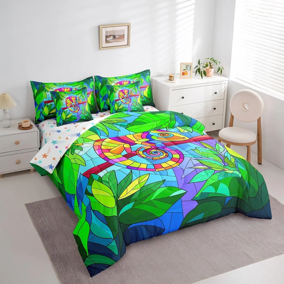 Erosebridal Abstract Lizard Bed in a Bag Twin Comforter Set 7 Piece,Tropical Palm Tree Leaves Bedding Sets Geometry Reptile Wildlife Aesthetic Sheet Set with Comforter for Kids Teens Bedroom