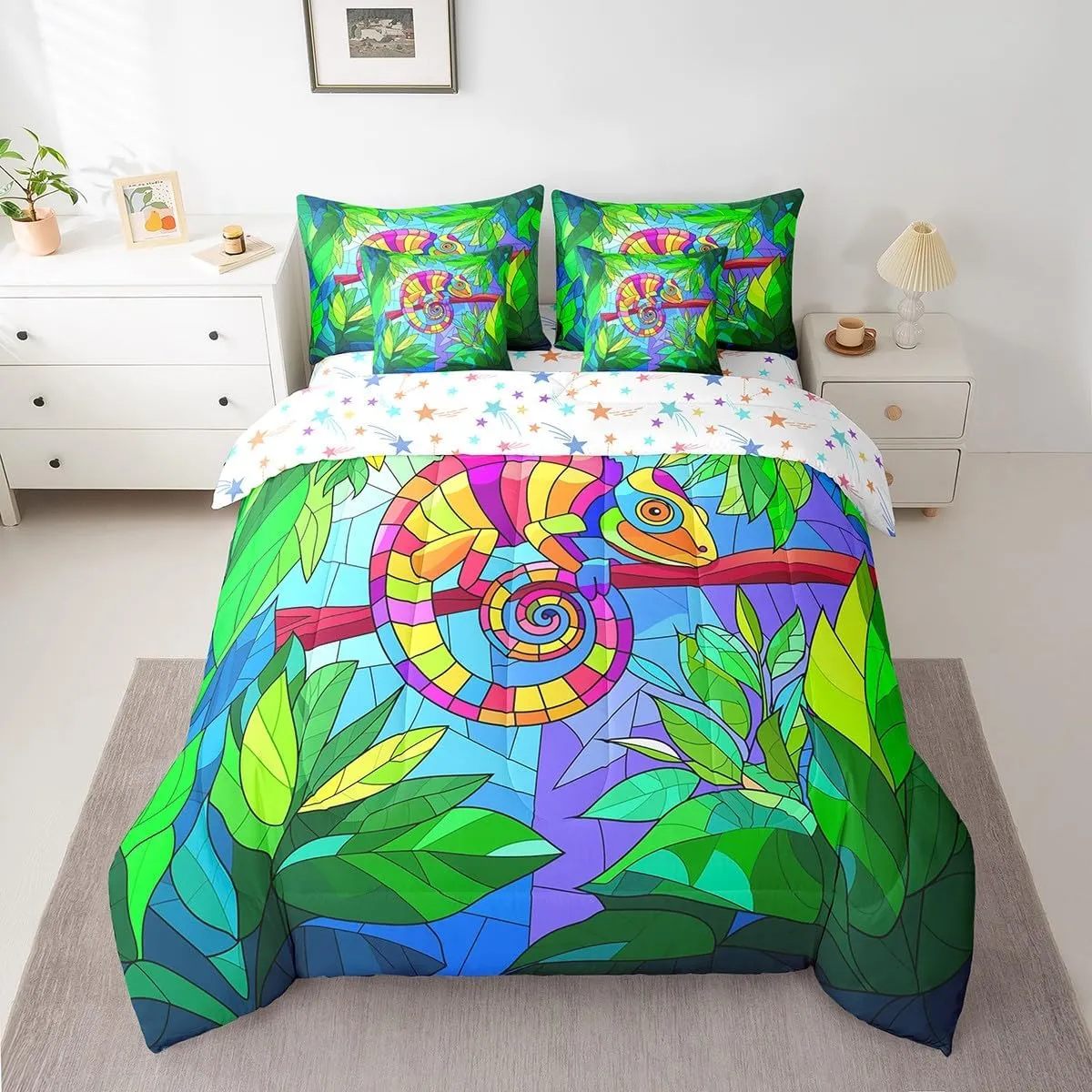 Erosebridal Abstract Lizard Bed in a Bag Twin Comforter Set 7 Piece,Tropical Palm Tree Leaves Bedding Sets Geometry Reptile Wildlife Aesthetic Sheet Set with Comforter for Kids Teens Bedroom