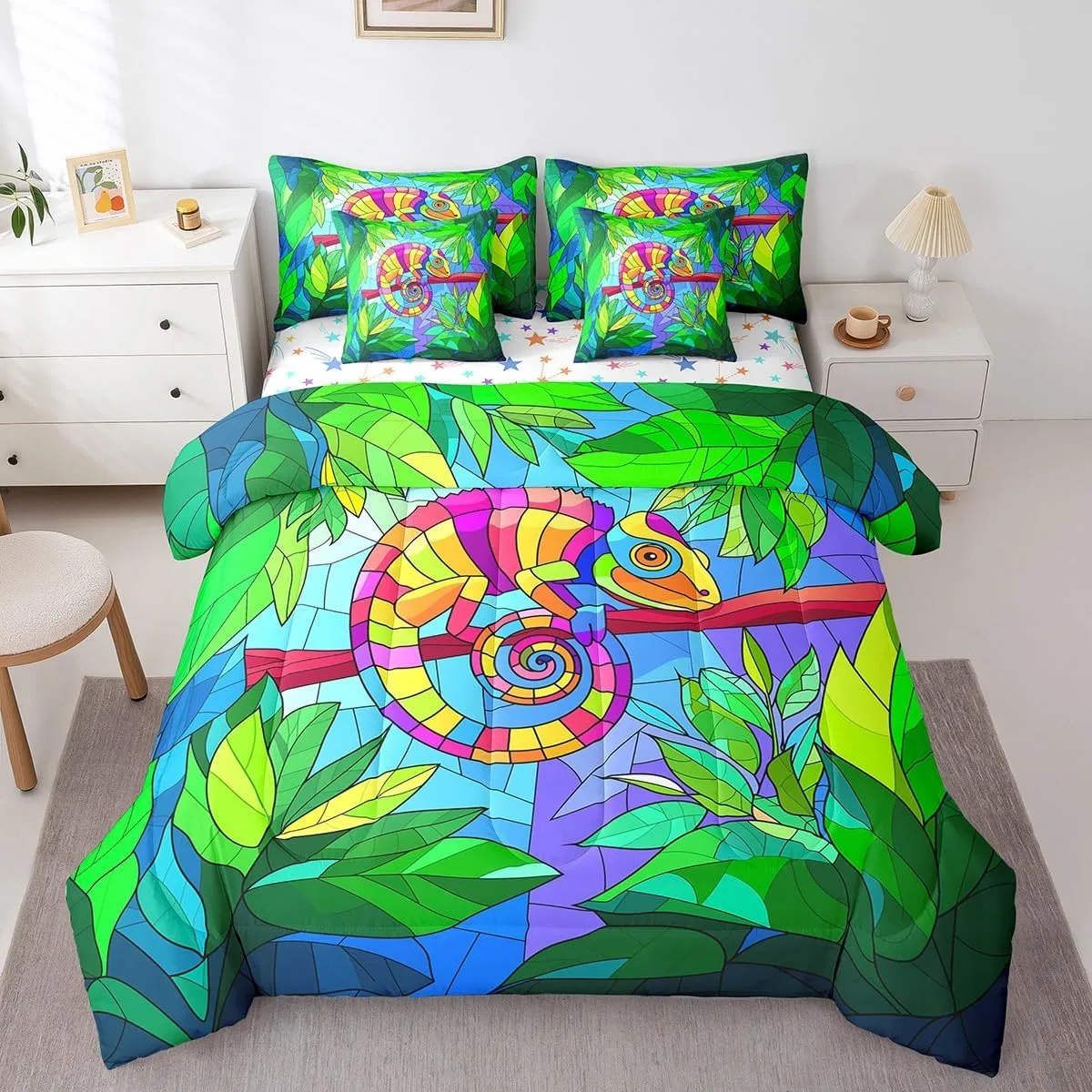 Erosebridal Abstract Lizard Bed in a Bag Twin Comforter Set 7 Piece,Tropical Palm Tree Leaves Bedding Sets Geometry Reptile Wildlife Aesthetic Sheet Set with Comforter for Kids Teens Bedroom