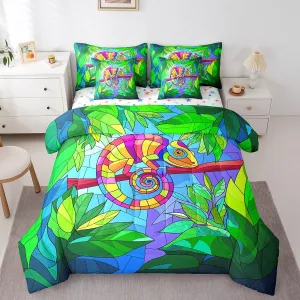 Erosebridal Abstract Lizard Bed in a Bag Twin Comforter Set 7 Piece,Tropical Palm Tree Leaves Bedding Sets Geometry Reptile Wildlife Aesthetic Sheet Set with Comforter for Kids Teens Bedroom