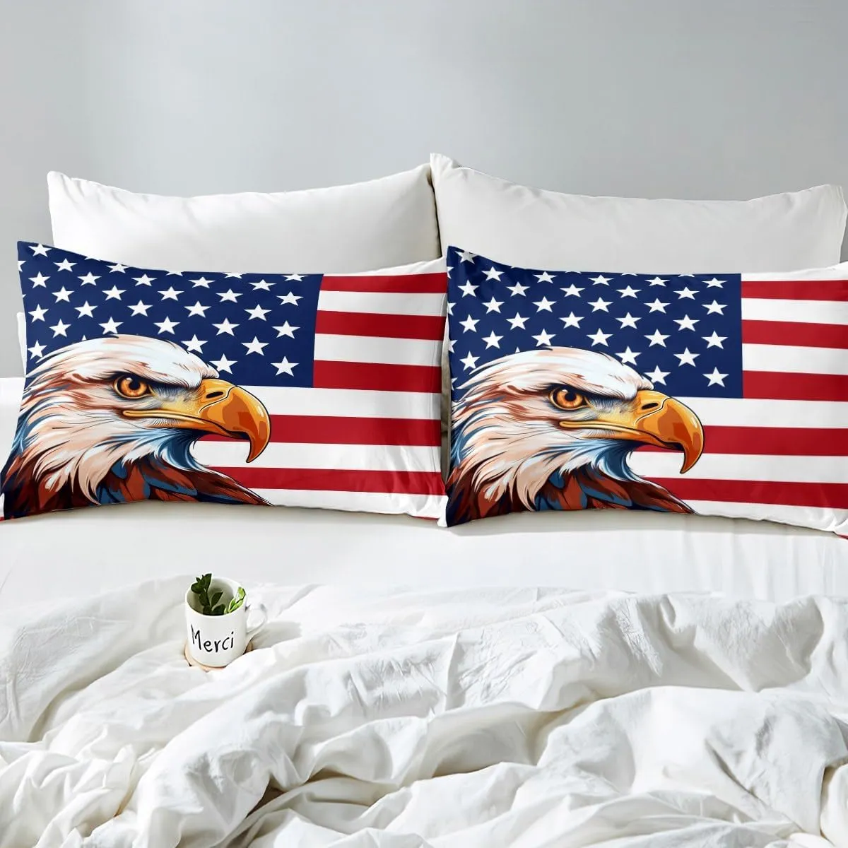 Erosebridal American Flag Bedding Set, Eagle Comforter Set Twin Size for Kids Teens Adult, United States Quilted Duvet Boys USA Federations Stars Stripe Down Comforter, Blue Red and White