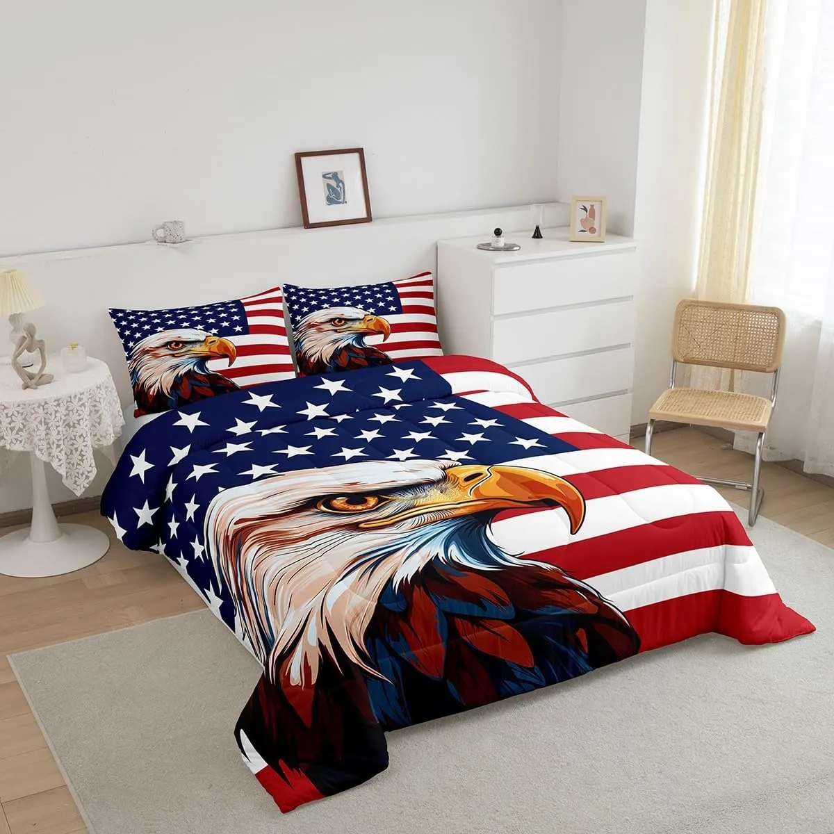 Erosebridal American Flag Bedding Set, Eagle Comforter Set Twin Size for Kids Teens Adult, United States Quilted Duvet Boys USA Federations Stars Stripe Down Comforter, Blue Red and White