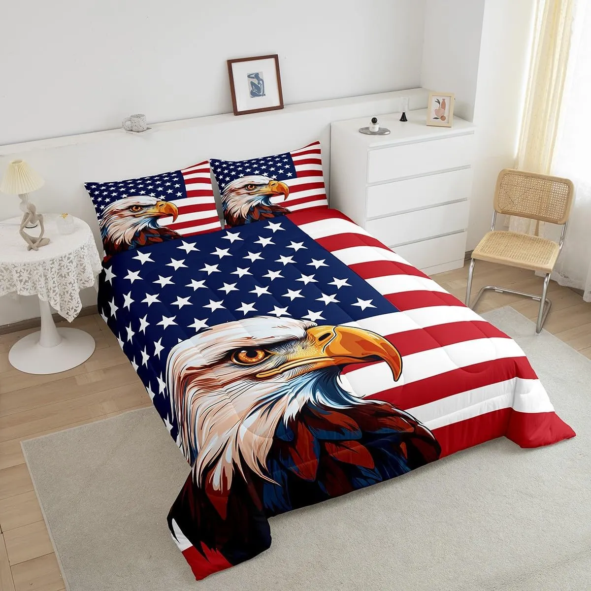 Erosebridal American Flag Bedding Set, Eagle Comforter Set Twin Size for Kids Teens Adult, United States Quilted Duvet Boys USA Federations Stars Stripe Down Comforter, Blue Red and White