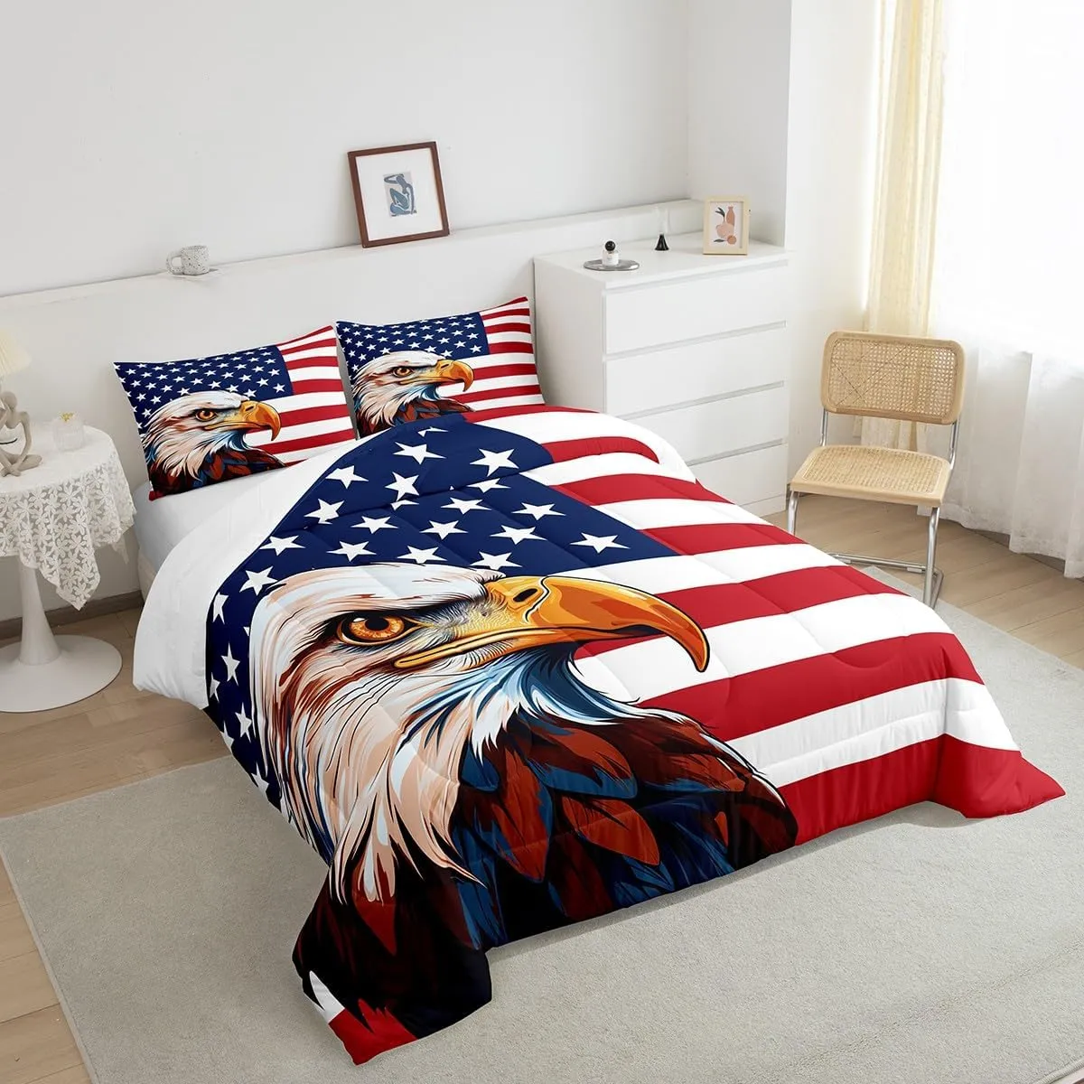 Erosebridal American Flag Bedding Set, Eagle Comforter Set Twin Size for Kids Teens Adult, United States Quilted Duvet Boys USA Federations Stars Stripe Down Comforter, Blue Red and White