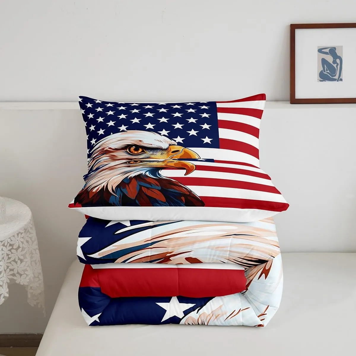 Erosebridal American Flag Bedding Set, Eagle Comforter Set Twin Size for Kids Teens Adult, United States Quilted Duvet Boys USA Federations Stars Stripe Down Comforter, Blue Red and White