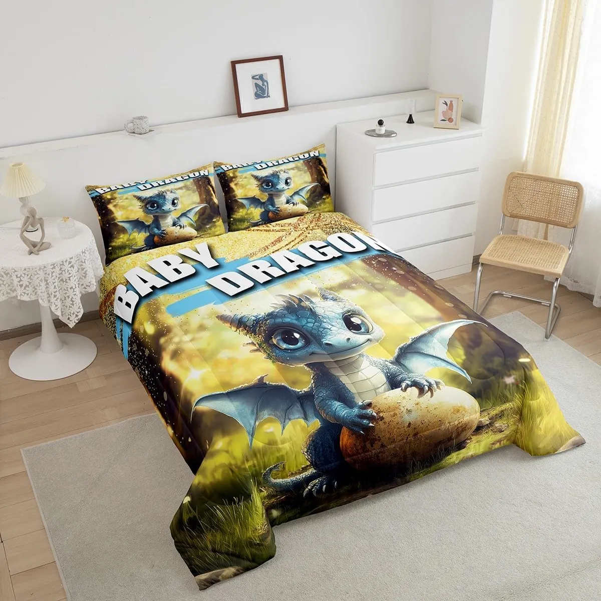 Erosebridal Baby Dragon Comforter Set King Size for Kids Boys Girls Cartoon Wild Animals Bedding Set Dragon Egg Print Comforter Garden Green Grass Room Decor Cute Jungle Wildlife Duvet