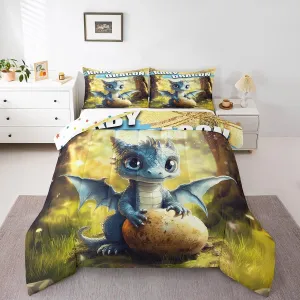Erosebridal Baby Dragon Comforter Set King Size for Kids Boys Girls Cartoon Wild Animals Bedding Set Dragon Egg Print Comforter Garden Green Grass Room Decor Cute Jungle Wildlife Duvet