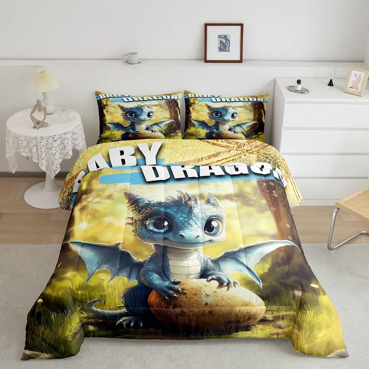 Erosebridal Baby Dragon Comforter Set King Size for Kids Boys Girls Cartoon Wild Animals Bedding Set Dragon Egg Print Comforter Garden Green Grass Room Decor Cute Jungle Wildlife Duvet