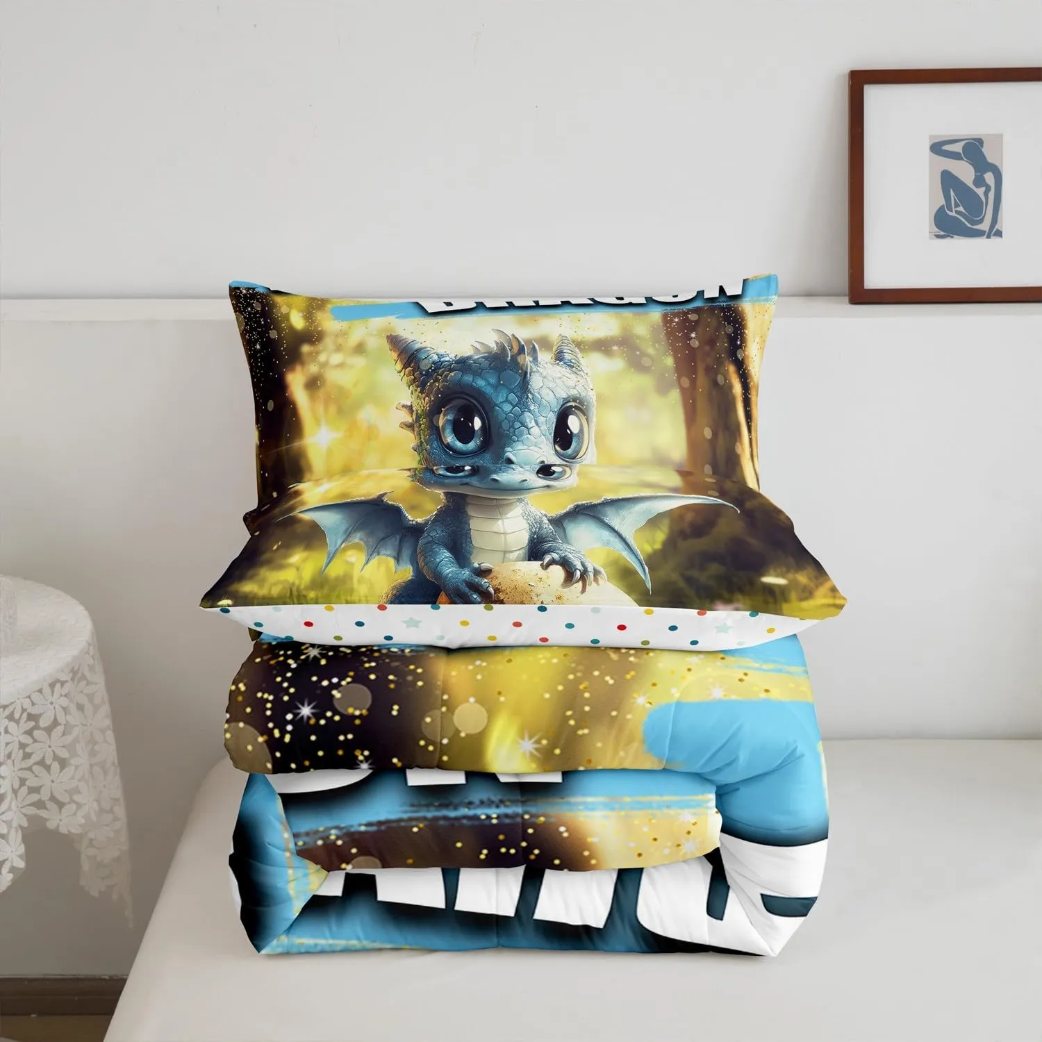Erosebridal Baby Dragon Comforter Set King Size for Kids Boys Girls Cartoon Wild Animals Bedding Set Dragon Egg Print Comforter Garden Green Grass Room Decor Cute Jungle Wildlife Duvet
