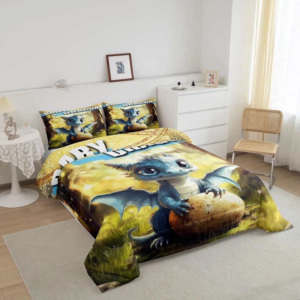 Erosebridal Baby Dragon Comforter Set King Size for Kids Boys Girls Cartoon Wild Animals Bedding Set Dragon Egg Print Comforter Garden Green Grass Room Decor Cute Jungle Wildlife Duvet