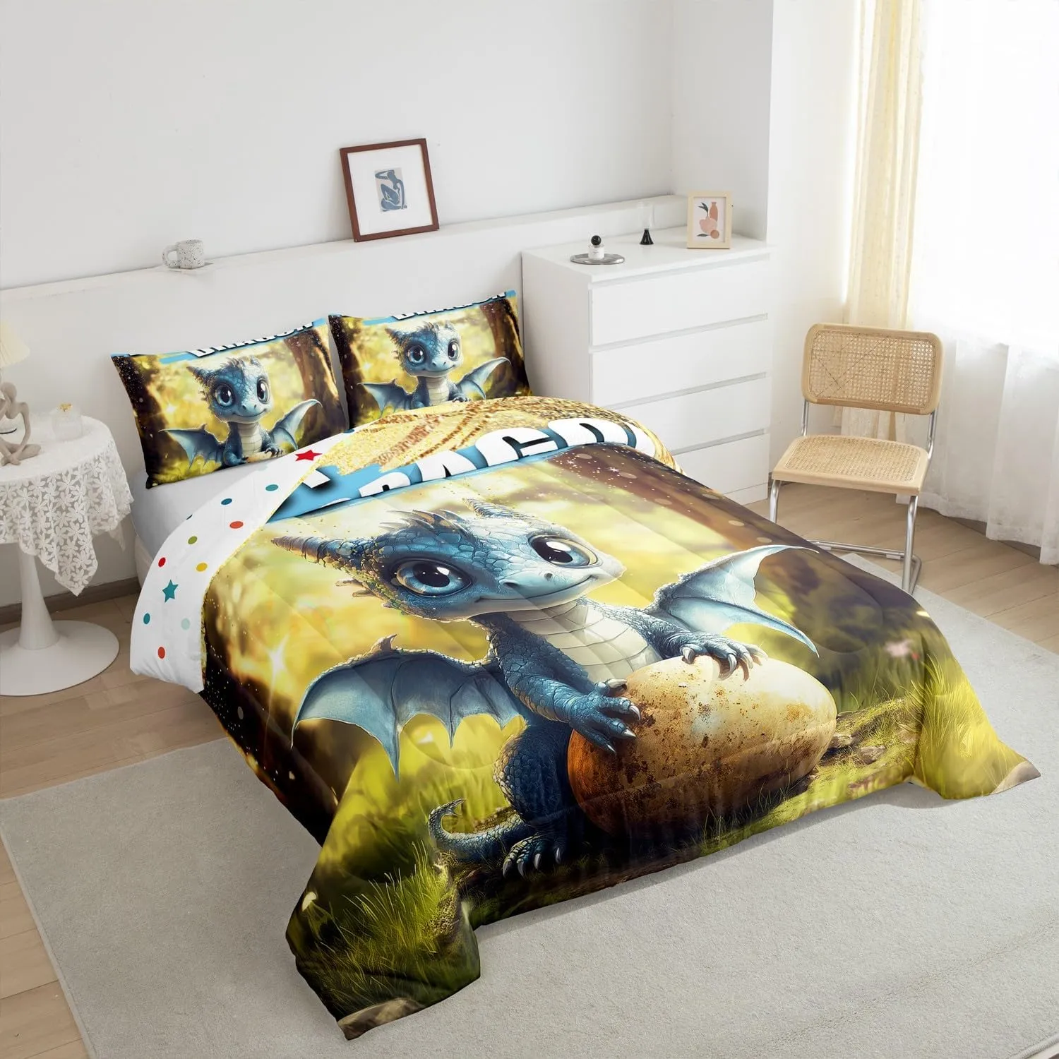 Erosebridal Baby Dragon Comforter Set King Size for Kids Boys Girls Cartoon Wild Animals Bedding Set Dragon Egg Print Comforter Garden Green Grass Room Decor Cute Jungle Wildlife Duvet