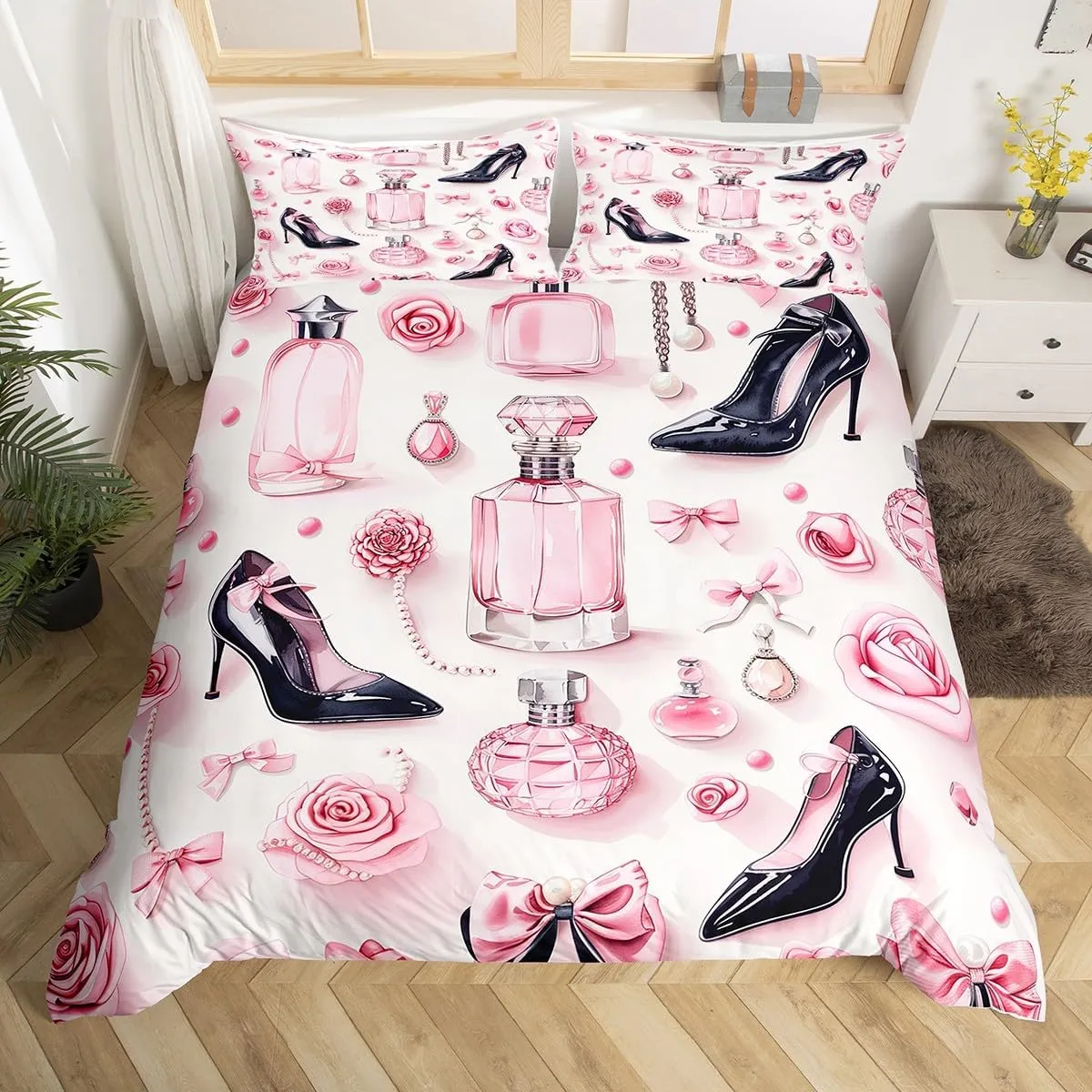 Erosebridal Bow High Heel Duvet Cover King for Women Bows Gift,Aesthetic Silk Bows Comforter Cover Glitter Make Up Fashion Bedding Set for Girls Dreamy Room Decor,Modern Quilt Cover