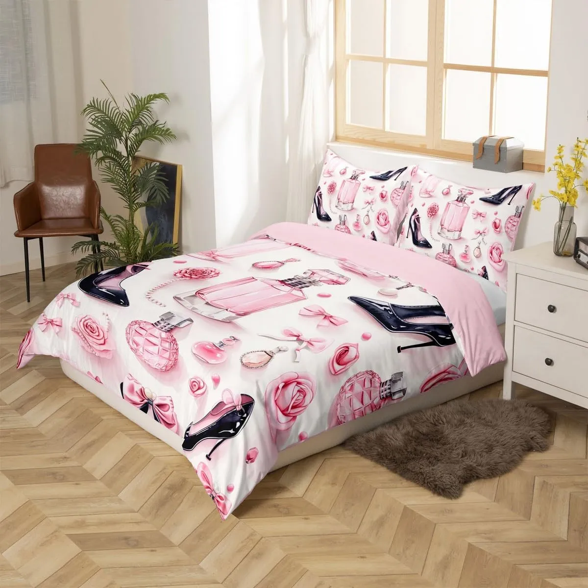 Erosebridal Bow High Heel Duvet Cover King for Women Bows Gift,Aesthetic Silk Bows Comforter Cover Glitter Make Up Fashion Bedding Set for Girls Dreamy Room Decor,Modern Quilt Cover