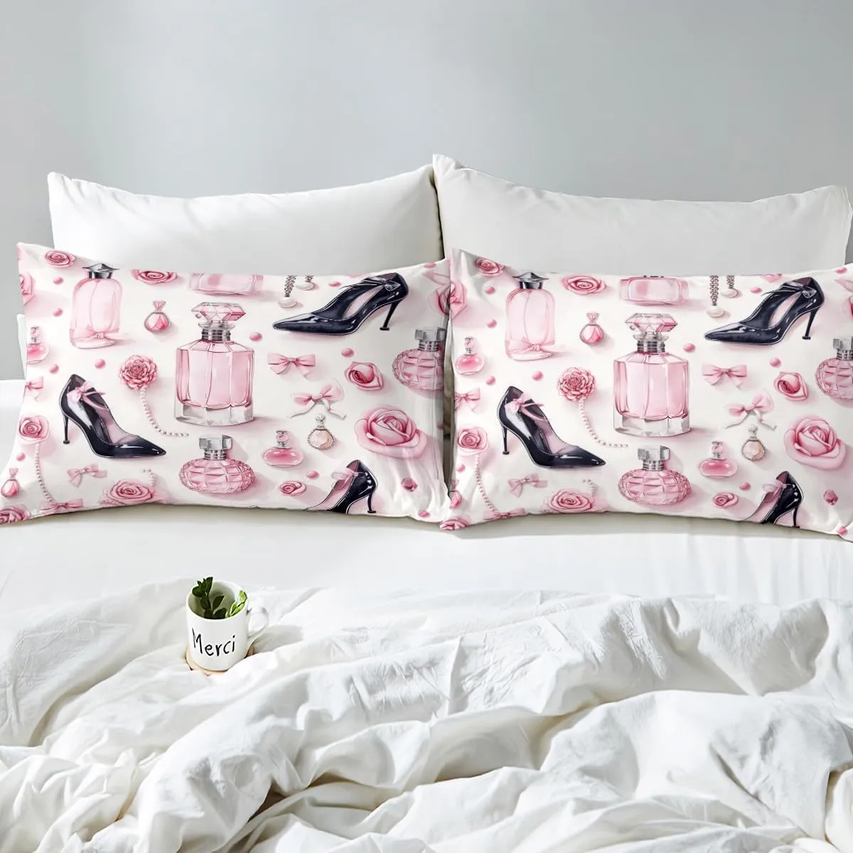 Erosebridal Bow High Heel Duvet Cover King for Women Bows Gift,Aesthetic Silk Bows Comforter Cover Glitter Make Up Fashion Bedding Set for Girls Dreamy Room Decor,Modern Quilt Cover