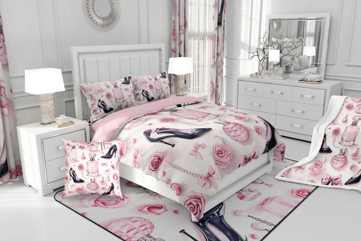 Erosebridal Bow High Heel Duvet Cover King for Women Bows Gift,Aesthetic Silk Bows Comforter Cover Glitter Make Up Fashion Bedding Set for Girls Dreamy Room Decor,Modern Quilt Cover