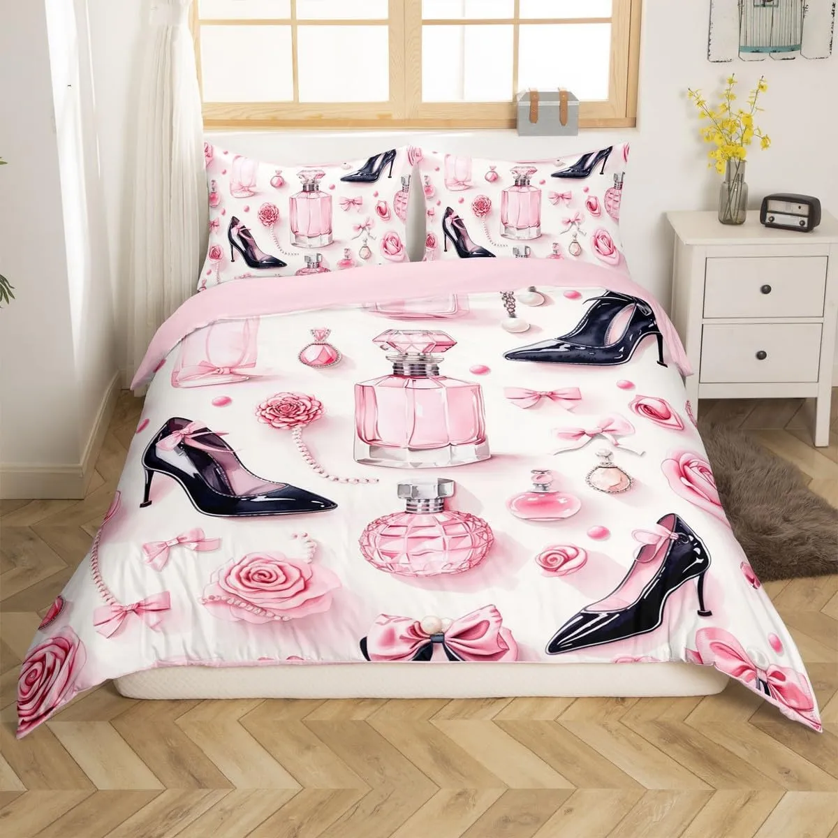 Erosebridal Bow High Heel Duvet Cover King for Women Bows Gift,Aesthetic Silk Bows Comforter Cover Glitter Make Up Fashion Bedding Set for Girls Dreamy Room Decor,Modern Quilt Cover