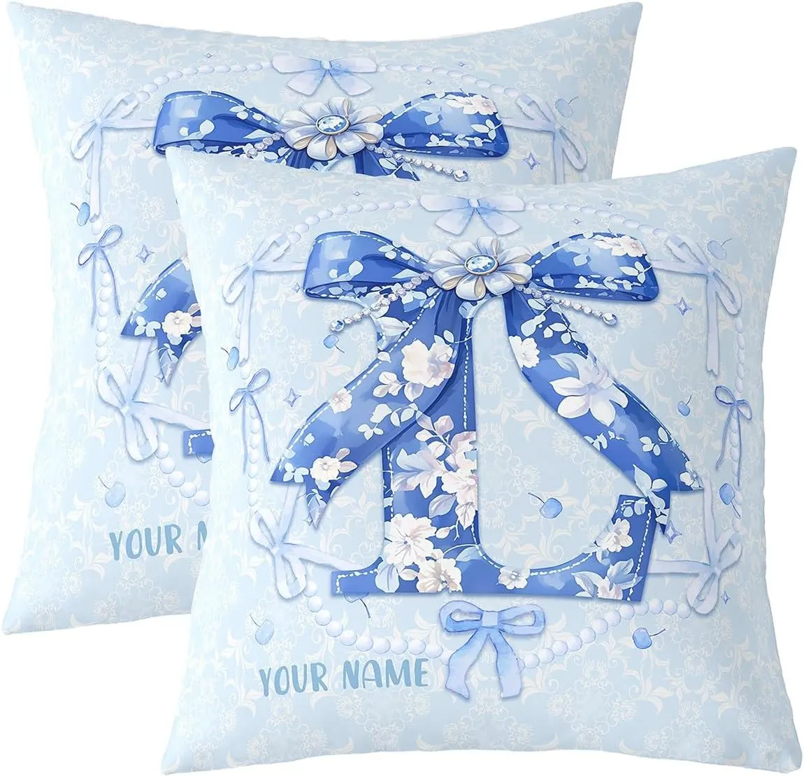 Erosebridal Customized Blue Bow Pillow Covers Set of 2 for Teen Girls Floral Letter L Throw Pillow Covers Coquette Aesthetic Bowknot Decor Spring Flower Cushion Cases with Floral Bow,22x22 Inch(L)