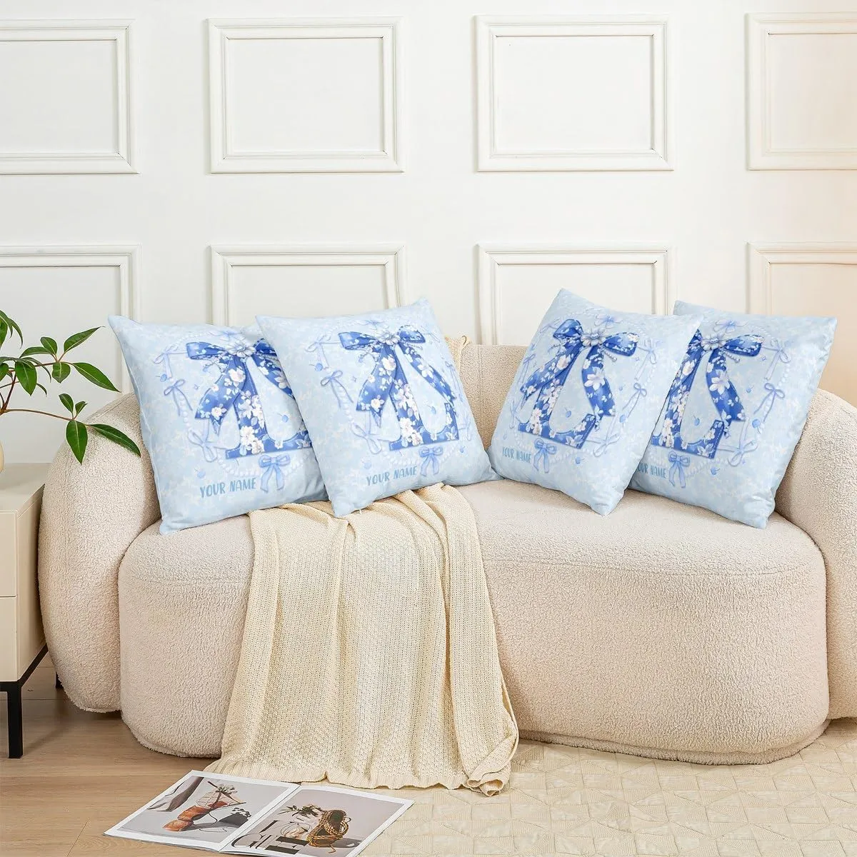 Erosebridal Customized Blue Bow Pillow Covers Set of 2 for Teen Girls Floral Letter L Throw Pillow Covers Coquette Aesthetic Bowknot Decor Spring Flower Cushion Cases with Floral Bow,22x22 Inch(L)