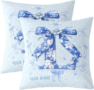 Erosebridal Customized Blue Bow Pillow Covers Set of 2 for Teen Girls Floral Letter L Throw Pillow Covers Coquette Aesthetic Bowknot Decor Spring Flower Cushion Cases with Floral Bow,22x22 Inch(L)