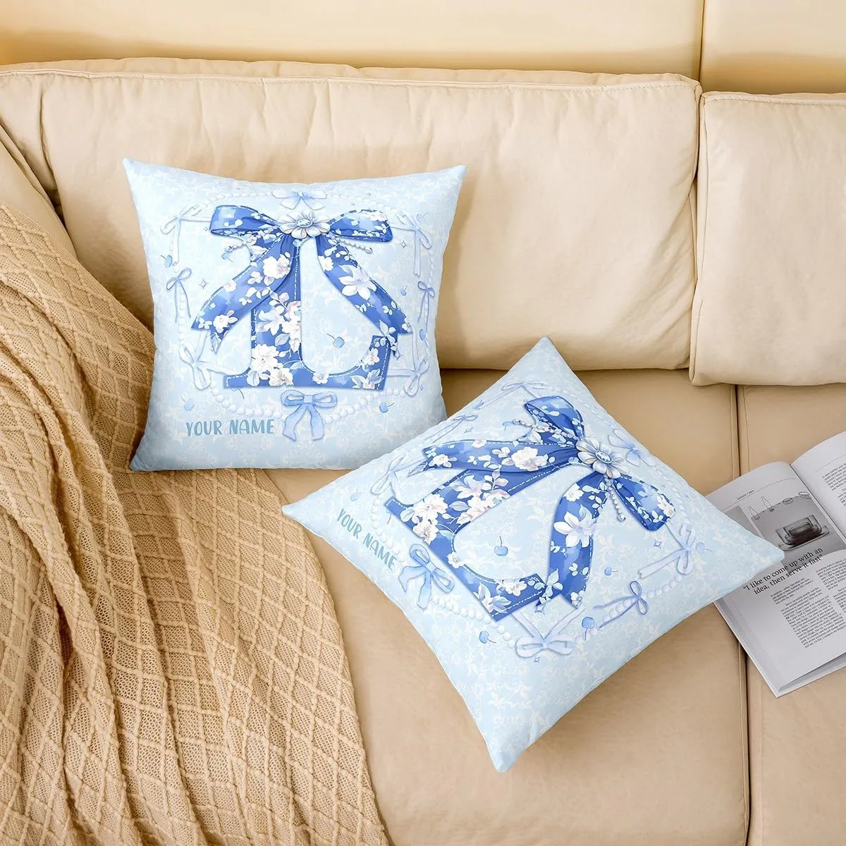 Erosebridal Customized Blue Bow Pillow Covers Set of 2 for Teen Girls Floral Letter L Throw Pillow Covers Coquette Aesthetic Bowknot Decor Spring Flower Cushion Cases with Floral Bow,22x22 Inch(L)