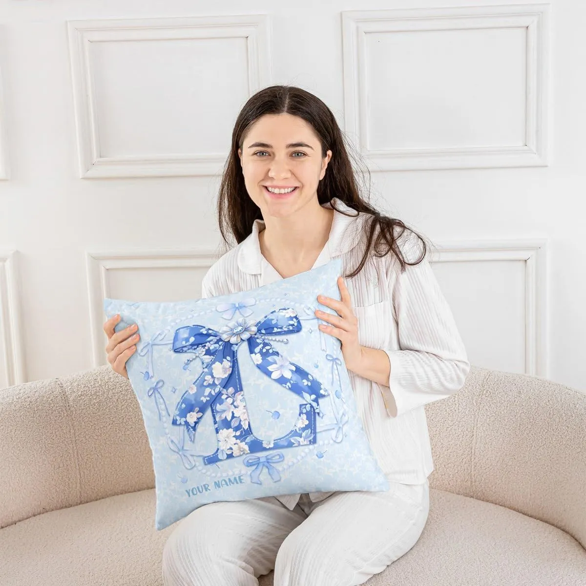 Erosebridal Customized Blue Bow Pillow Covers Set of 2 for Teen Girls Floral Letter L Throw Pillow Covers Coquette Aesthetic Bowknot Decor Spring Flower Cushion Cases with Floral Bow,22x22 Inch(L)
